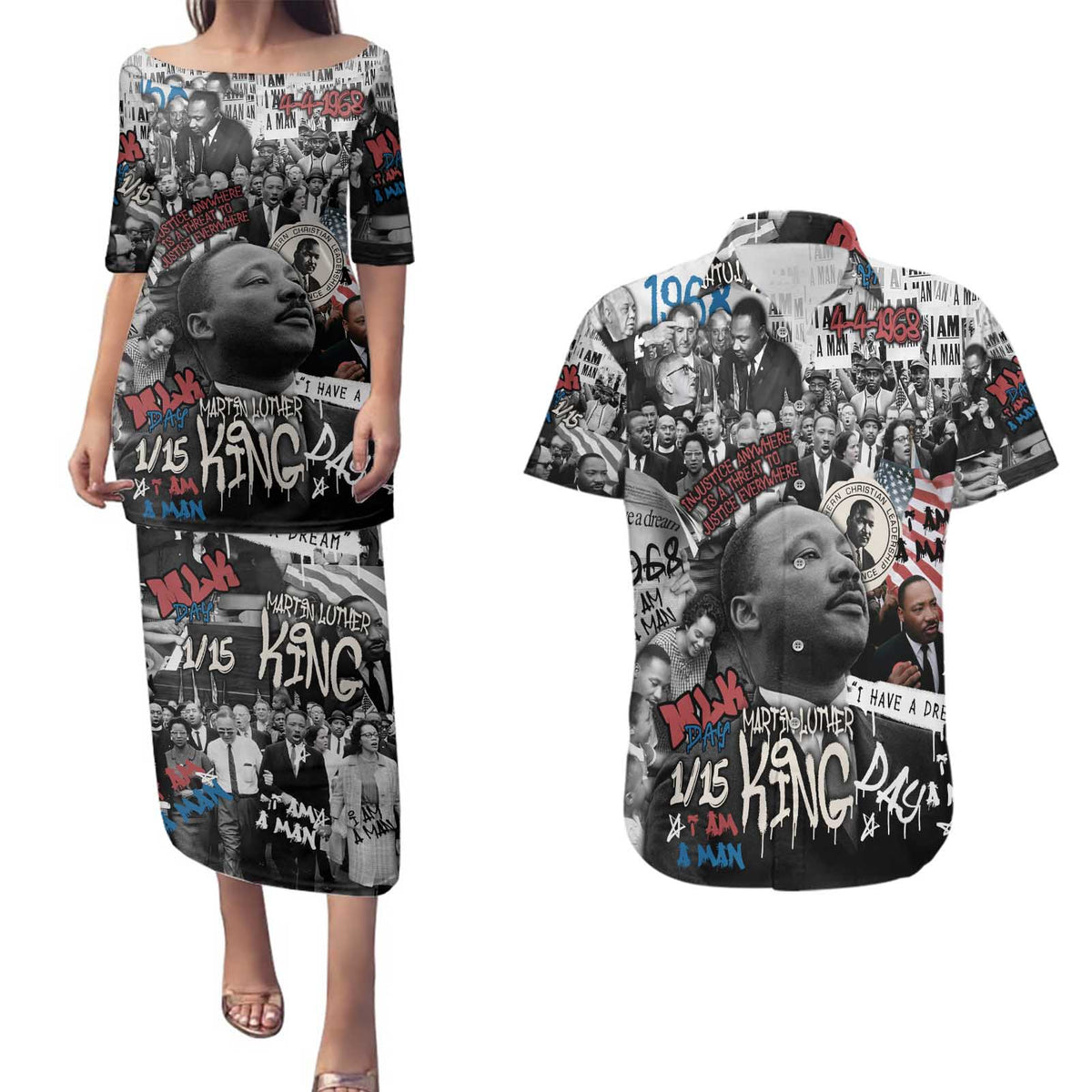 Martin Luther King Day Tribute Couples Matching Puletasi and Hawaiian Shirt Civil Rights Collage and Classic American Street Graffiti Colors - Wonder Print Shop