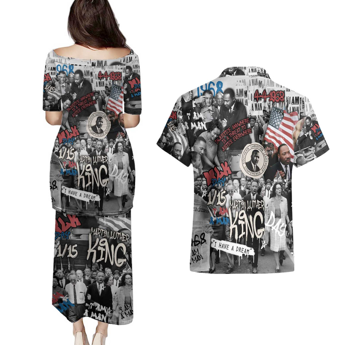 Martin Luther King Day Tribute Couples Matching Puletasi and Hawaiian Shirt Civil Rights Collage and Classic American Street Graffiti Colors - Wonder Print Shop