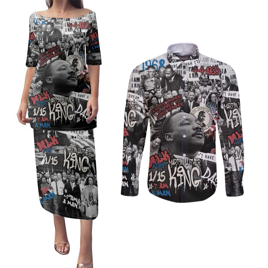 Martin Luther King Day Tribute Couples Matching Puletasi and Long Sleeve Button Shirt Civil Rights Collage and Classic American Street Graffiti Colors - Wonder Print Shop