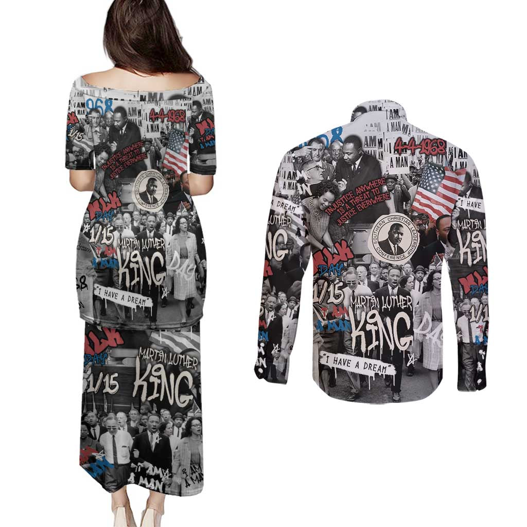 Martin Luther King Day Tribute Couples Matching Puletasi and Long Sleeve Button Shirt Civil Rights Collage and Classic American Street Graffiti Colors - Wonder Print Shop