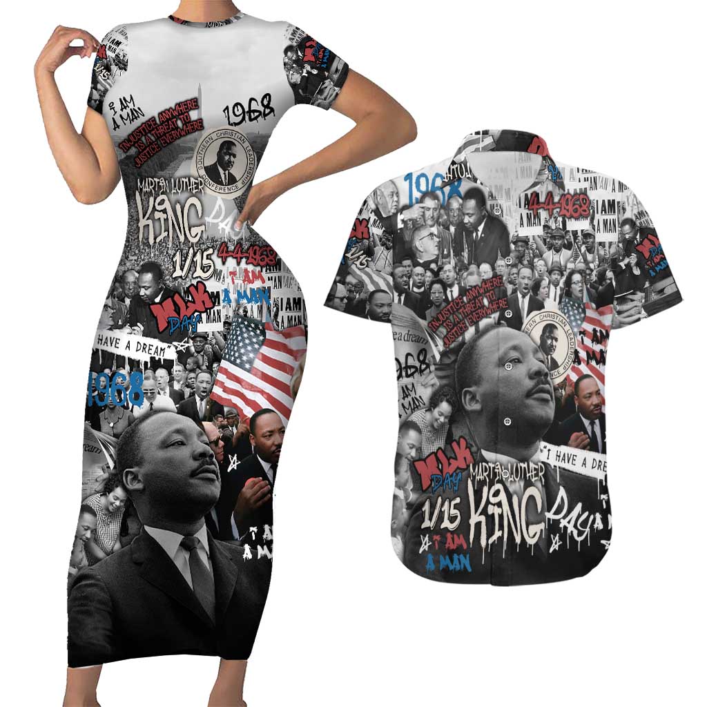 Martin Luther King Day Tribute Couples Matching Short Sleeve Bodycon Dress and Hawaiian Shirt Civil Rights Collage and Classic American Street Graffiti Colors - Wonder Print Shop