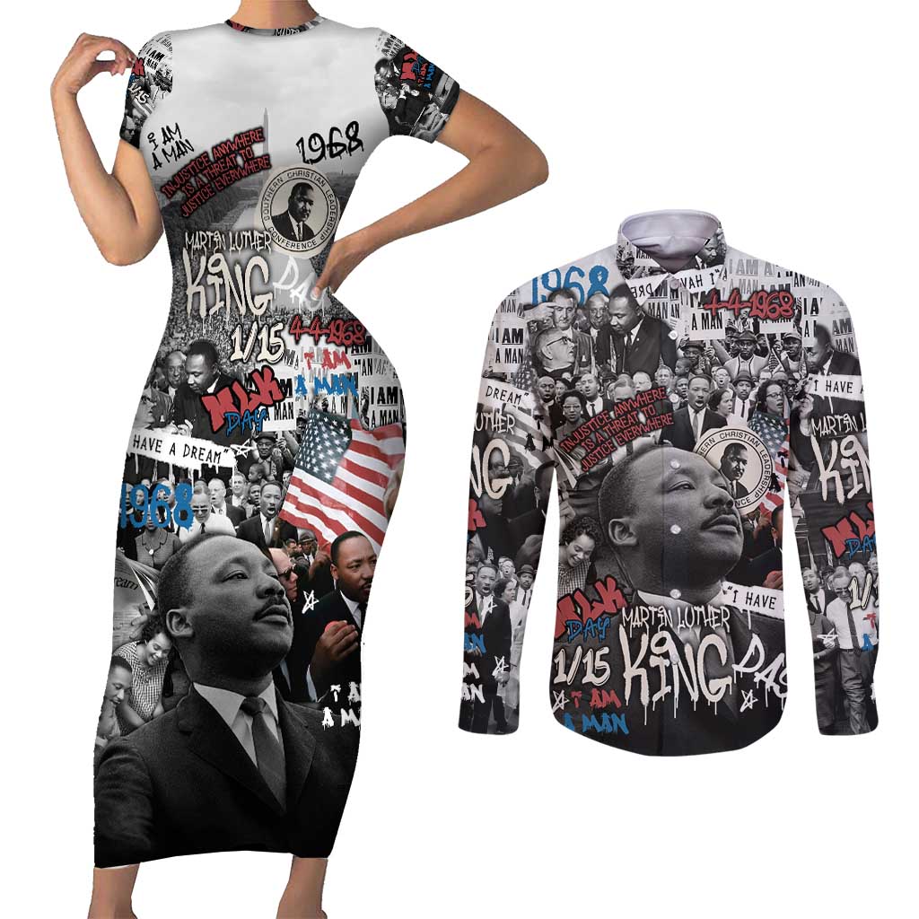 Martin Luther King Day Tribute Couples Matching Short Sleeve Bodycon Dress and Long Sleeve Button Shirt Civil Rights Collage and Classic American Street Graffiti Colors - Wonder Print Shop