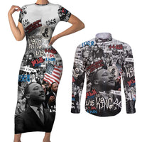 Martin Luther King Day Tribute Couples Matching Short Sleeve Bodycon Dress and Long Sleeve Button Shirt Civil Rights Collage and Classic American Street Graffiti Colors - Wonder Print Shop