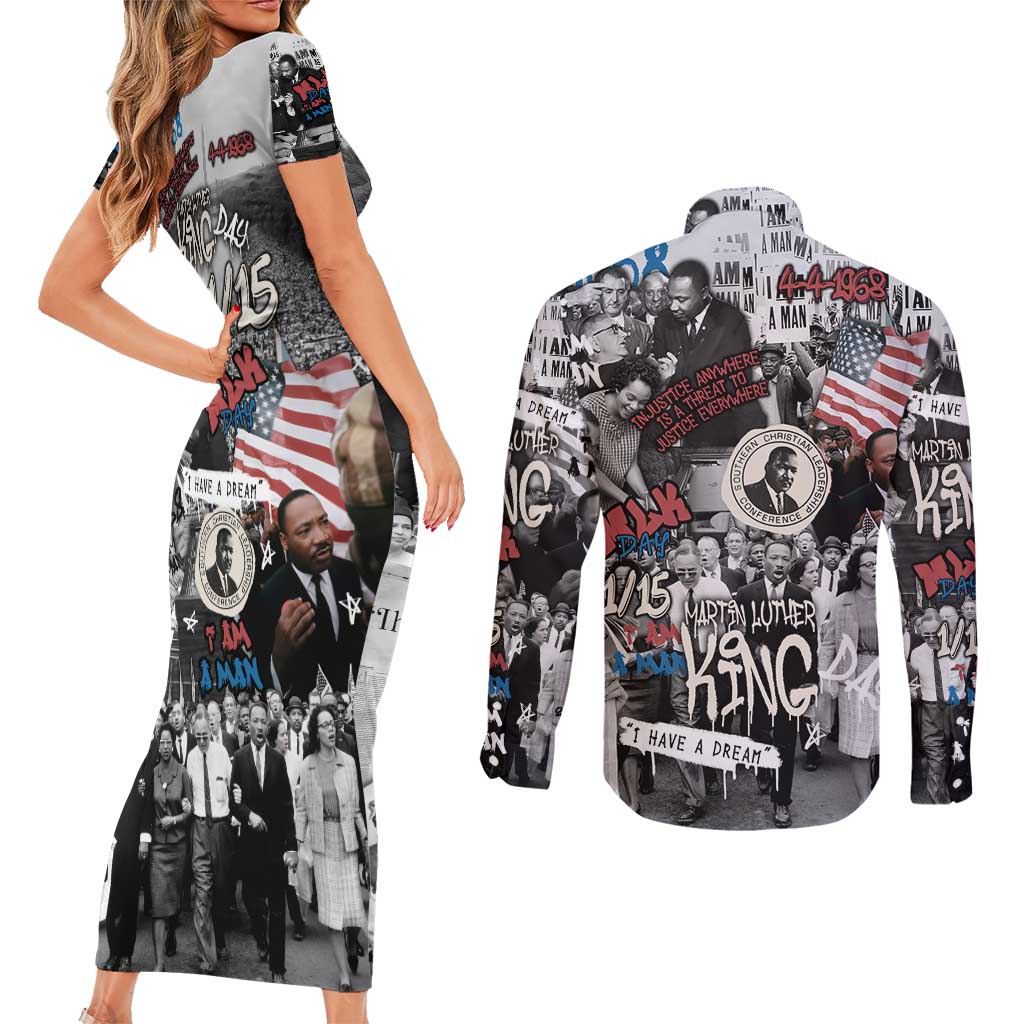 Martin Luther King Day Tribute Couples Matching Short Sleeve Bodycon Dress and Long Sleeve Button Shirt Civil Rights Collage and Classic American Street Graffiti Colors - Wonder Print Shop