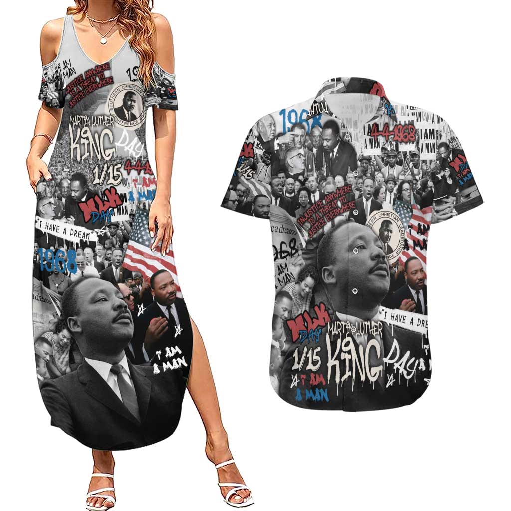 Martin Luther King Day Tribute Couples Matching Summer Maxi Dress and Hawaiian Shirt Civil Rights Collage and Classic American Street Graffiti Colors - Wonder Print Shop