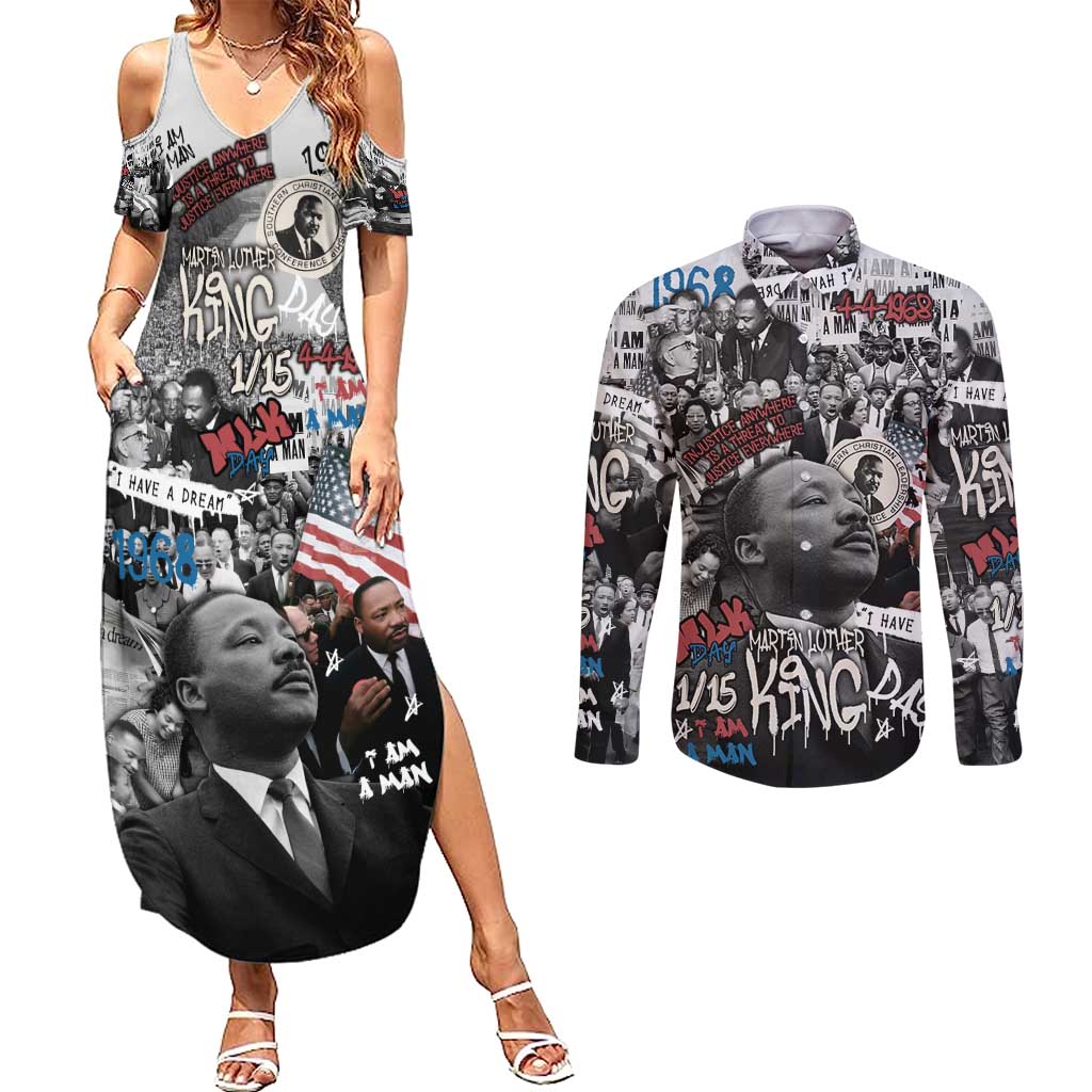 Martin Luther King Day Tribute Couples Matching Summer Maxi Dress and Long Sleeve Button Shirt Civil Rights Collage and Classic American Street Graffiti Colors - Wonder Print Shop