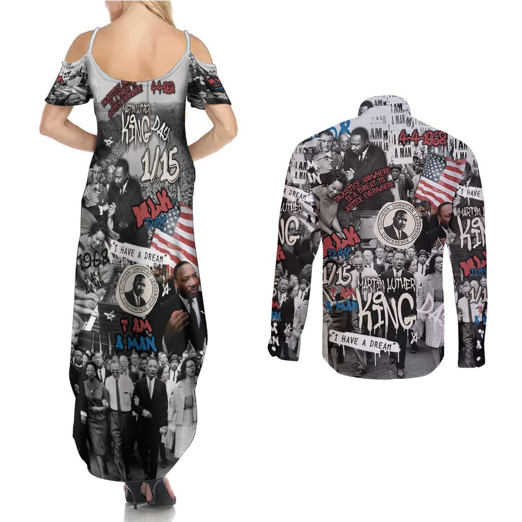 Martin Luther King Day Tribute Couples Matching Summer Maxi Dress and Long Sleeve Button Shirt Civil Rights Collage and Classic American Street Graffiti Colors - Wonder Print Shop