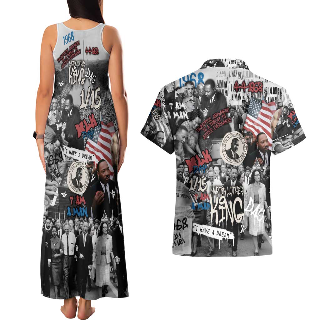Martin Luther King Day Tribute Couples Matching Tank Maxi Dress and Hawaiian Shirt Civil Rights Collage and Classic American Street Graffiti Colors - Wonder Print Shop