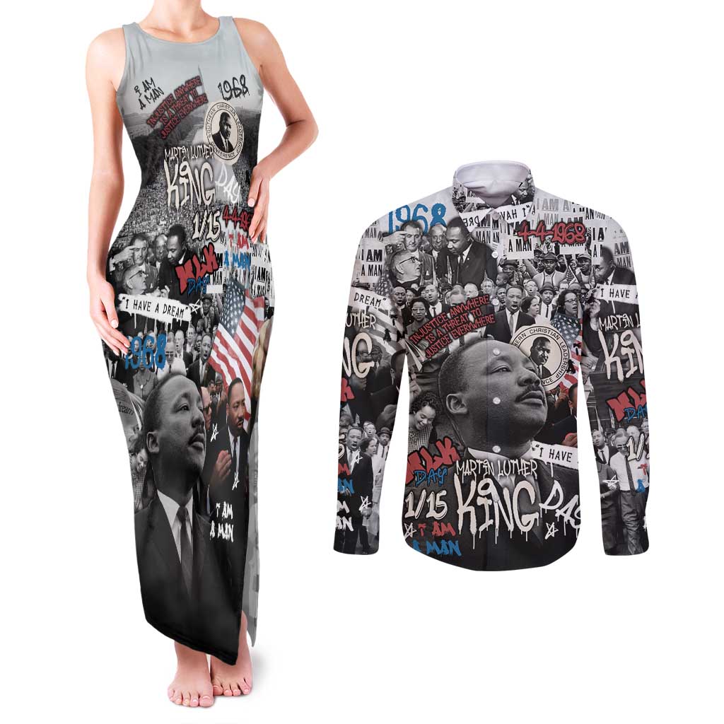 Martin Luther King Day Tribute Couples Matching Tank Maxi Dress and Long Sleeve Button Shirt Civil Rights Collage and Classic American Street Graffiti Colors - Wonder Print Shop