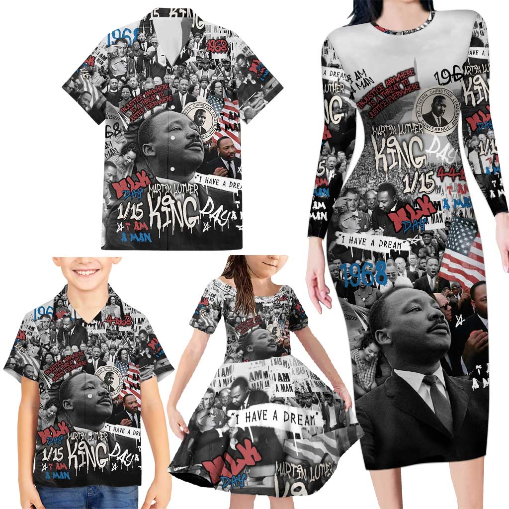 Martin Luther King Day Tribute Family Matching Long Sleeve Bodycon Dress and Hawaiian Shirt Civil Rights Collage and Classic American Street Graffiti Colors - Wonder Print Shop