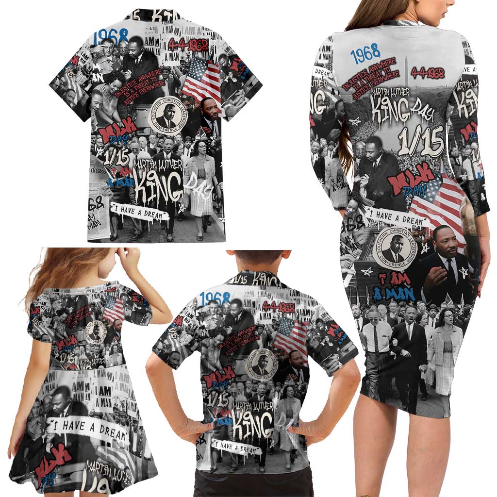 Martin Luther King Day Tribute Family Matching Long Sleeve Bodycon Dress and Hawaiian Shirt Civil Rights Collage and Classic American Street Graffiti Colors - Wonder Print Shop