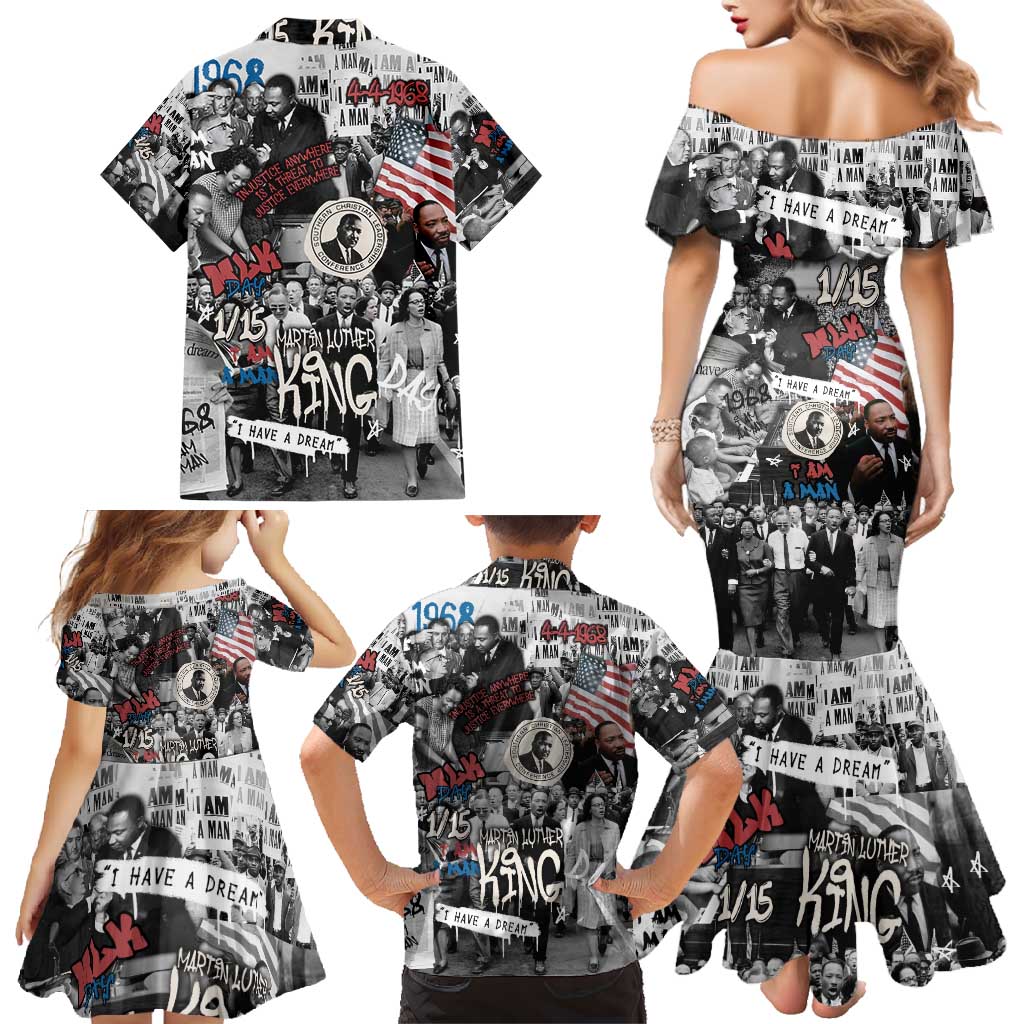 Martin Luther King Day Tribute Family Matching Mermaid Dress and Hawaiian Shirt Civil Rights Collage and Classic American Street Graffiti Colors - Wonder Print Shop