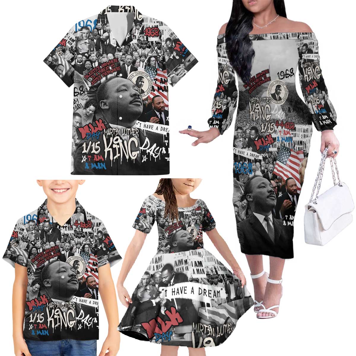 Martin Luther King Day Tribute Family Matching Off The Shoulder Long Sleeve Dress and Hawaiian Shirt Civil Rights Collage and Classic American Street Graffiti Colors - Wonder Print Shop