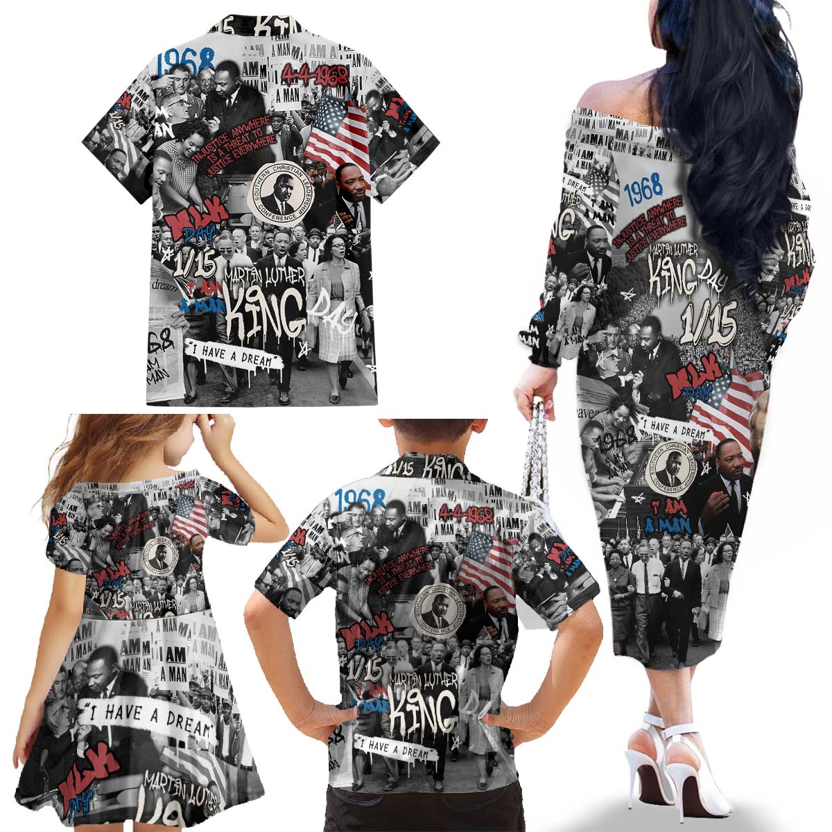 Martin Luther King Day Tribute Family Matching Off The Shoulder Long Sleeve Dress and Hawaiian Shirt Civil Rights Collage and Classic American Street Graffiti Colors - Wonder Print Shop