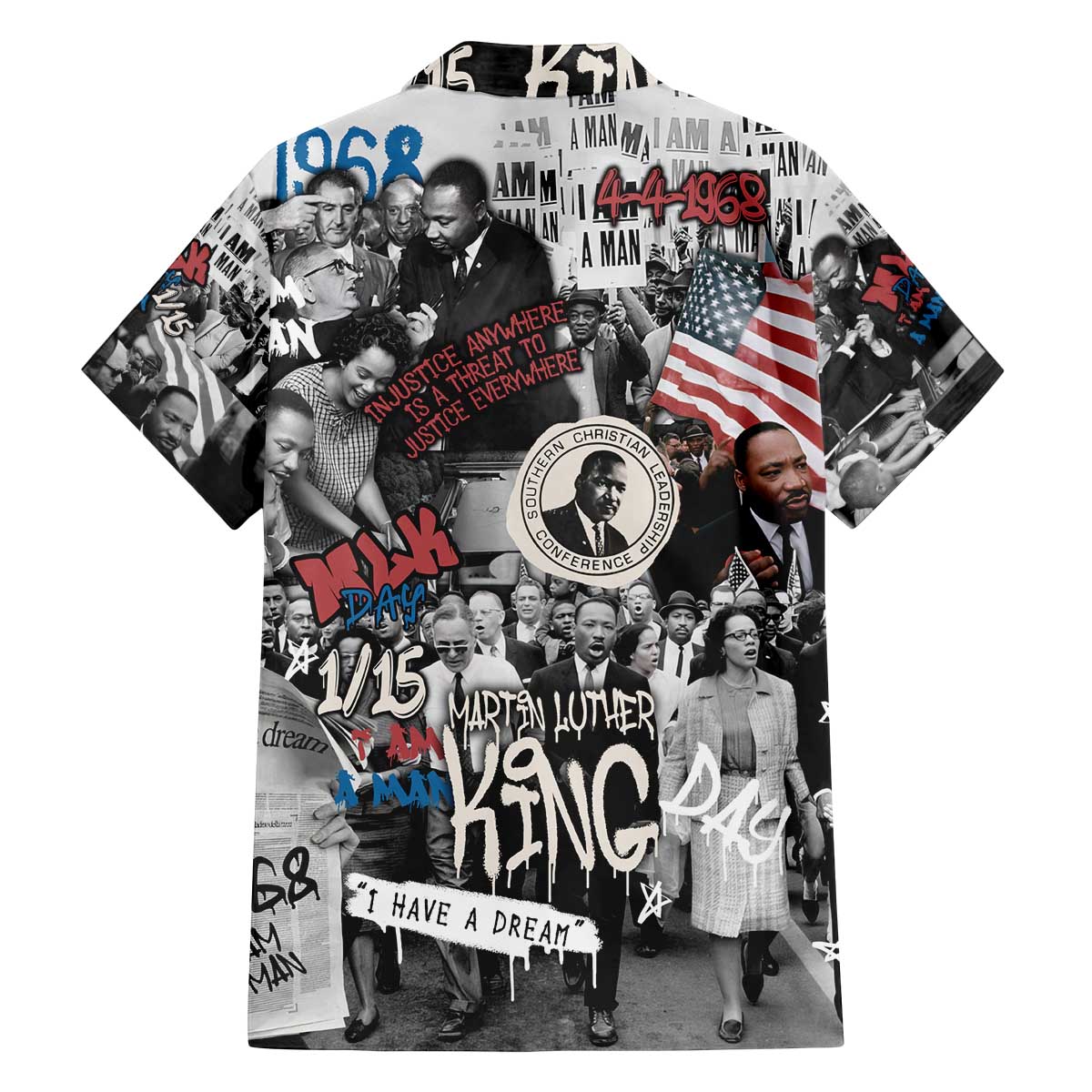 Martin Luther King Day Tribute Family Matching Off The Shoulder Long Sleeve Dress and Hawaiian Shirt Civil Rights Collage and Classic American Street Graffiti Colors - Wonder Print Shop