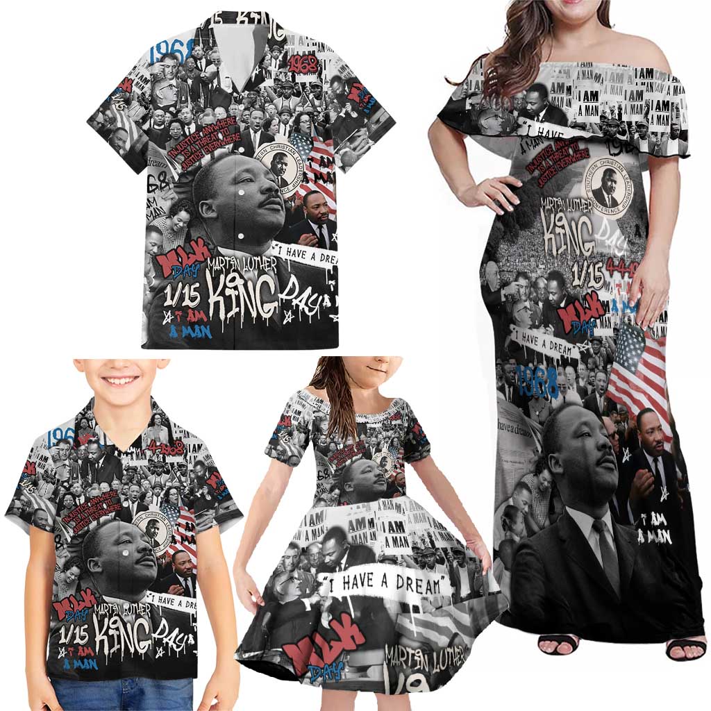 Martin Luther King Day Tribute Family Matching Off Shoulder Maxi Dress and Hawaiian Shirt Civil Rights Collage and Classic American Street Graffiti Colors - Wonder Print Shop