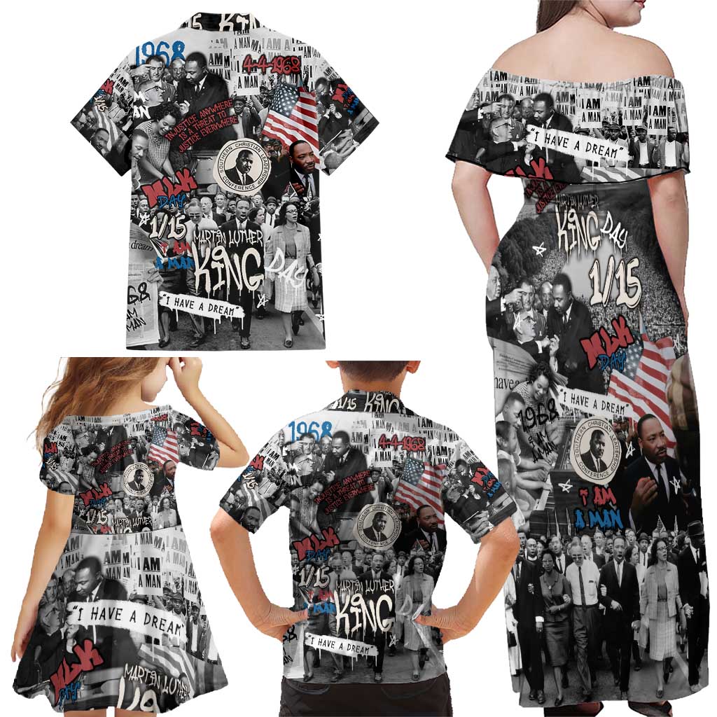 Martin Luther King Day Tribute Family Matching Off Shoulder Maxi Dress and Hawaiian Shirt Civil Rights Collage and Classic American Street Graffiti Colors - Wonder Print Shop