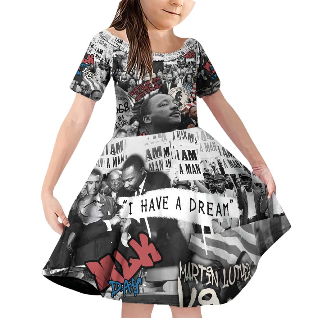 Martin Luther King Day Tribute Family Matching Off Shoulder Short Dress and Hawaiian Shirt Civil Rights Collage and Classic American Street Graffiti Colors - Wonder Print Shop