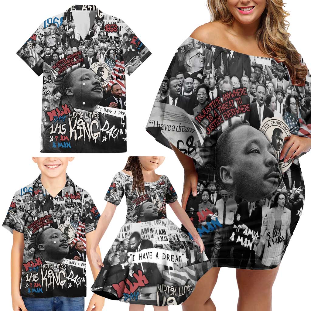 Martin Luther King Day Tribute Family Matching Off Shoulder Short Dress and Hawaiian Shirt Civil Rights Collage and Classic American Street Graffiti Colors - Wonder Print Shop