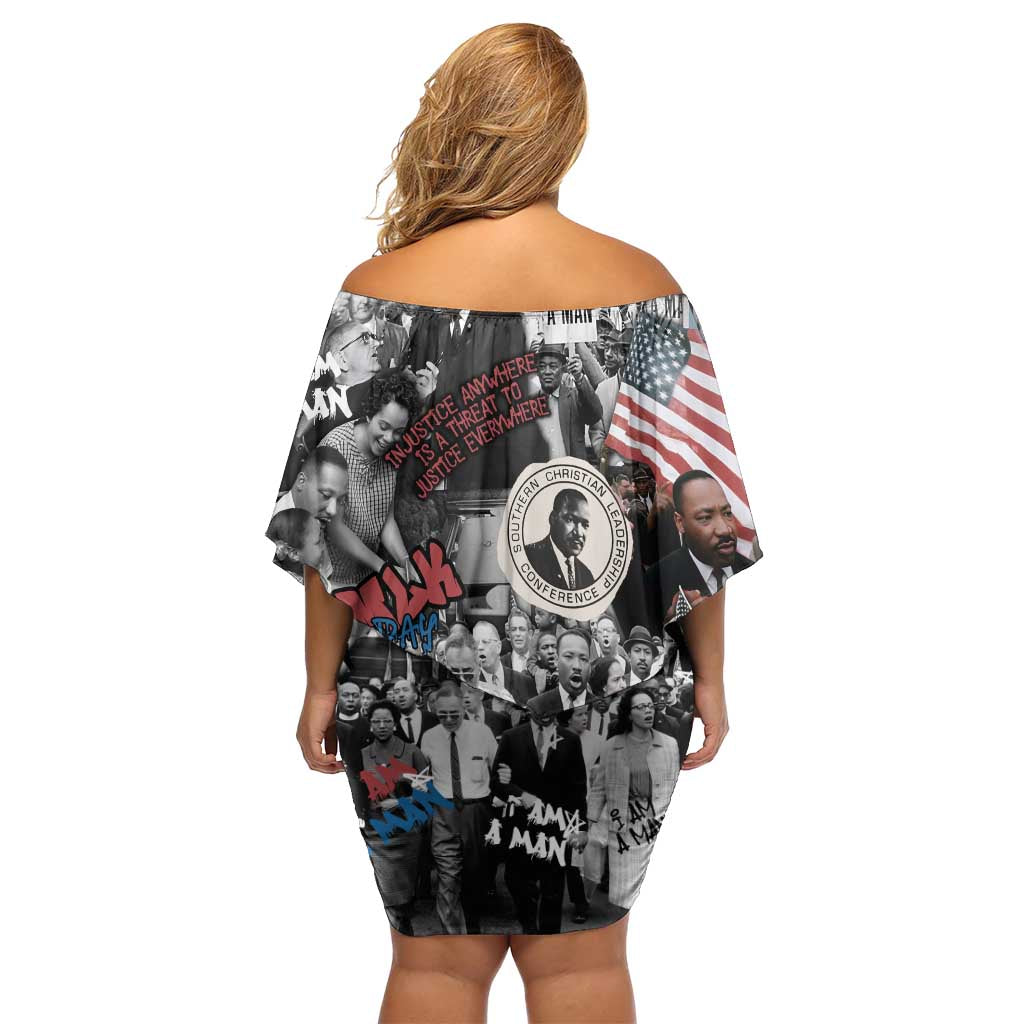 Martin Luther King Day Tribute Family Matching Off Shoulder Short Dress and Hawaiian Shirt Civil Rights Collage and Classic American Street Graffiti Colors - Wonder Print Shop