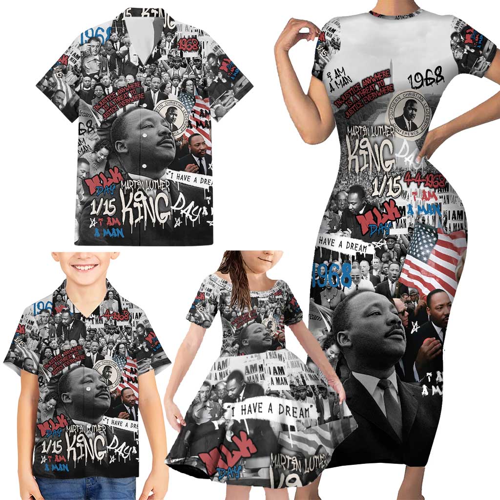 Martin Luther King Day Tribute Family Matching Short Sleeve Bodycon Dress and Hawaiian Shirt Civil Rights Collage and Classic American Street Graffiti Colors - Wonder Print Shop