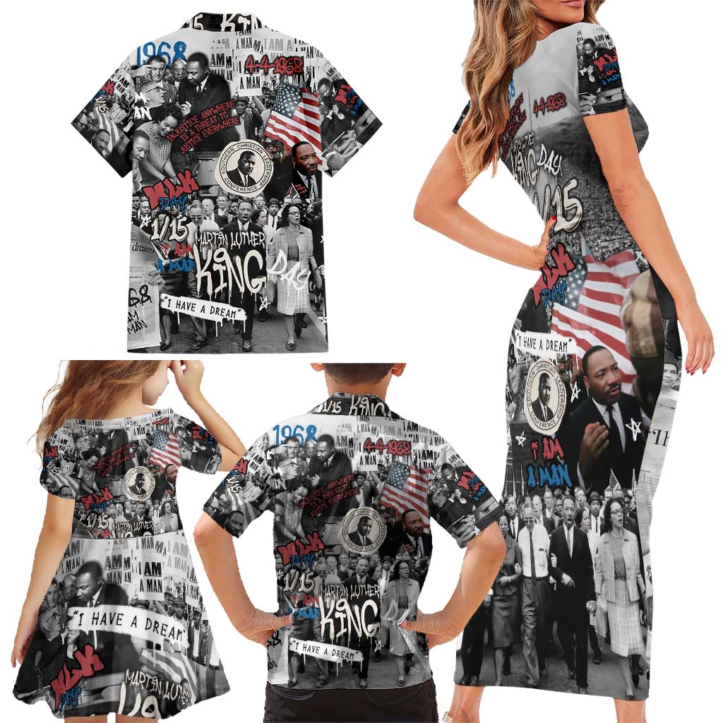 Martin Luther King Day Tribute Family Matching Short Sleeve Bodycon Dress and Hawaiian Shirt Civil Rights Collage and Classic American Street Graffiti Colors - Wonder Print Shop