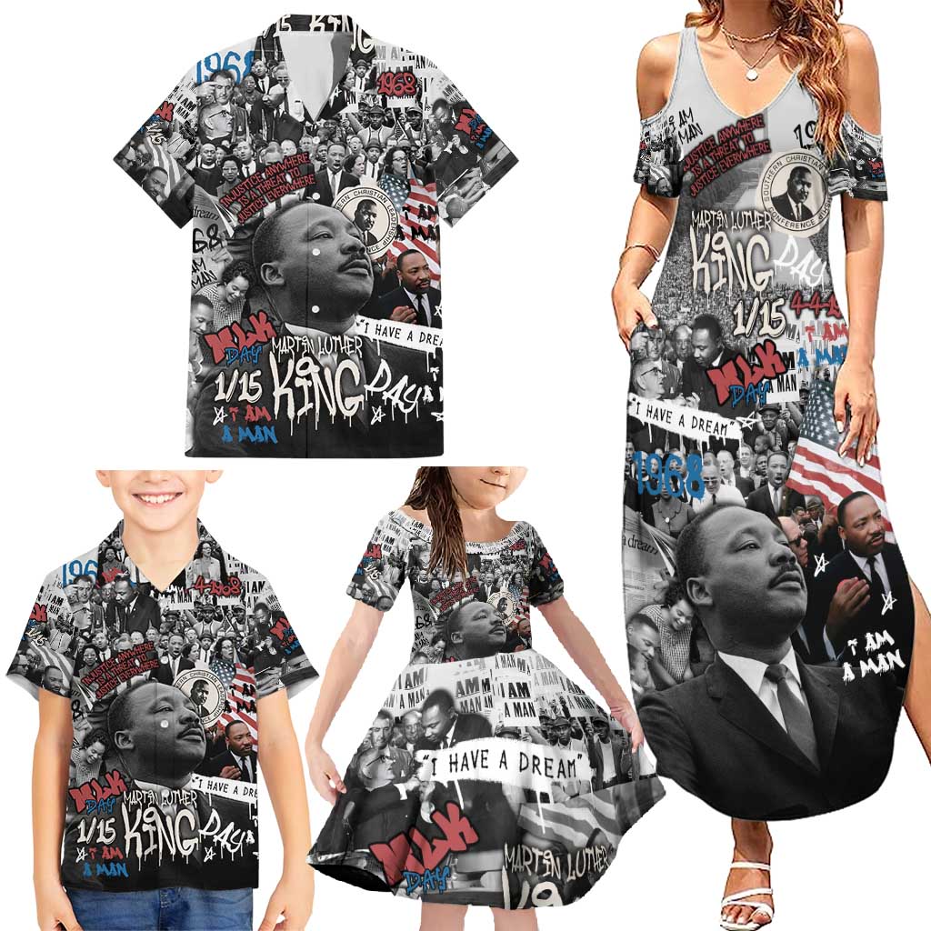 Martin Luther King Day Tribute Family Matching Summer Maxi Dress and Hawaiian Shirt Civil Rights Collage and Classic American Street Graffiti Colors - Wonder Print Shop