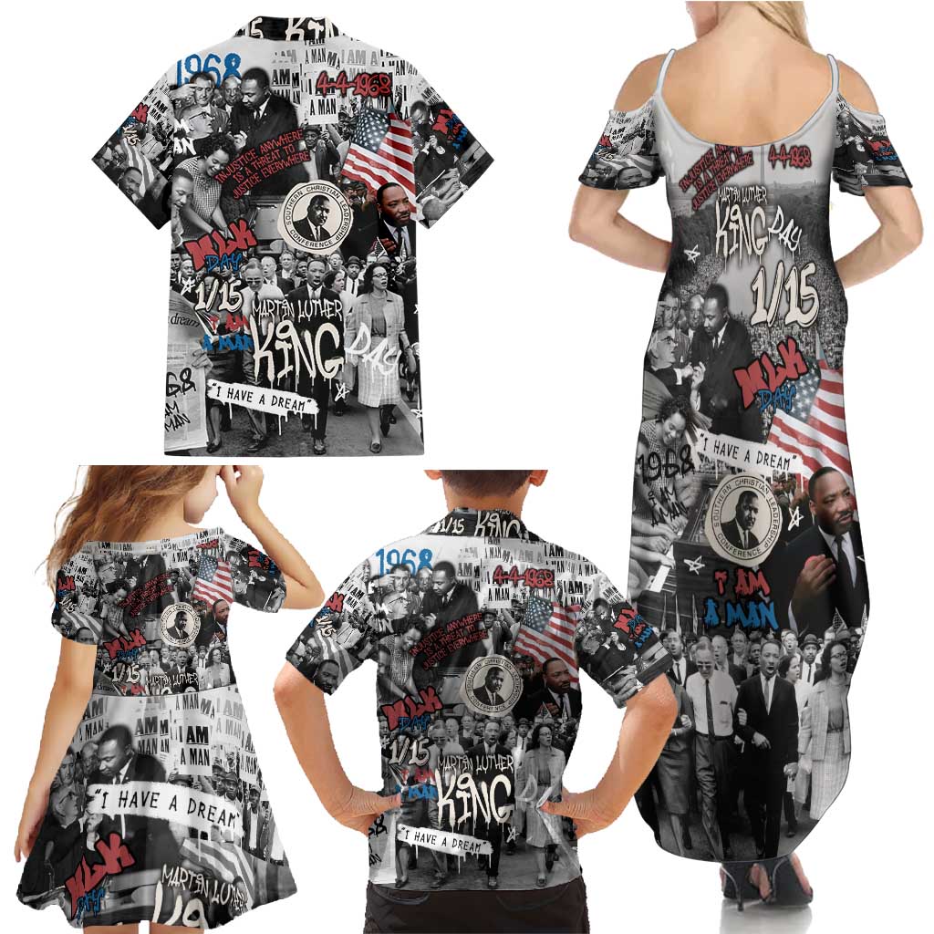 Martin Luther King Day Tribute Family Matching Summer Maxi Dress and Hawaiian Shirt Civil Rights Collage and Classic American Street Graffiti Colors - Wonder Print Shop