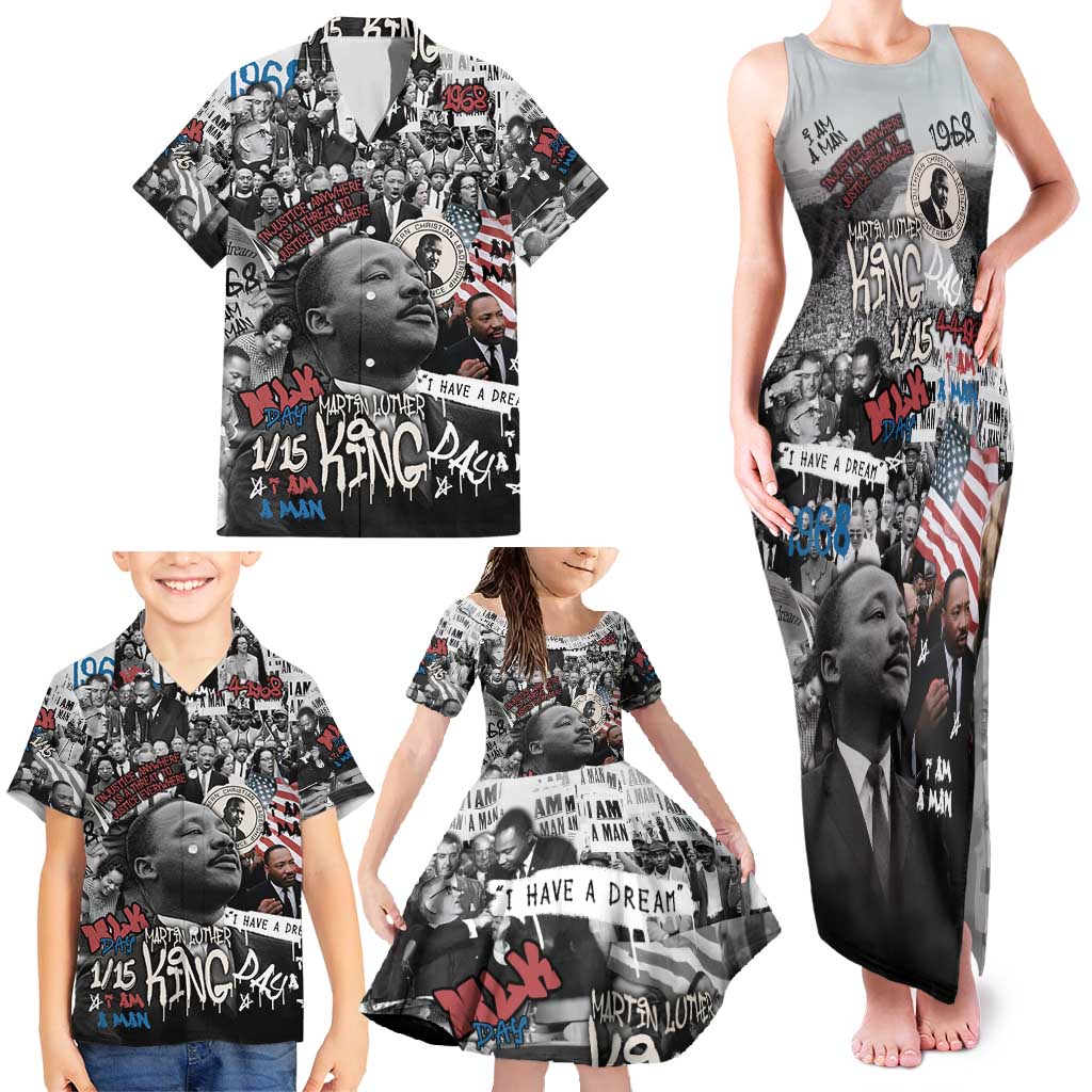 Martin Luther King Day Tribute Family Matching Tank Maxi Dress and Hawaiian Shirt Civil Rights Collage and Classic American Street Graffiti Colors - Wonder Print Shop