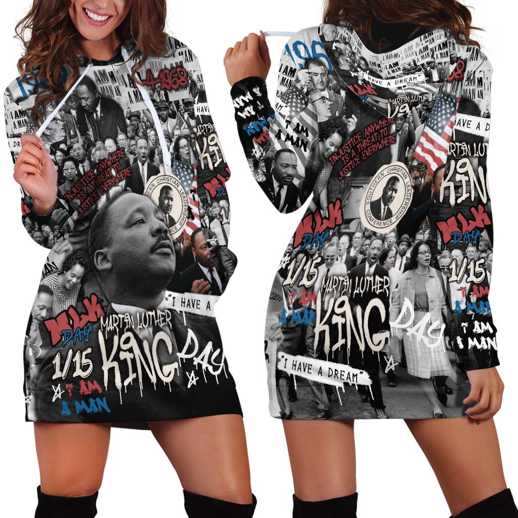 Martin Luther King Day Tribute Hoodie Dress Civil Rights Collage and Classic American Street Graffiti Colors - Wonder Print Shop