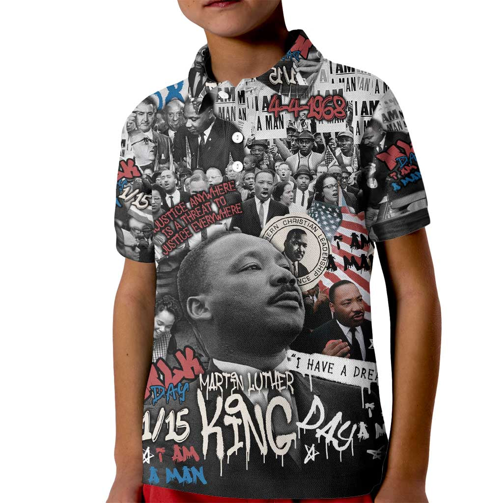 Martin Luther King Day Tribute Kid Polo Shirt Civil Rights Collage and Classic American Street Graffiti Colors - Wonder Print Shop