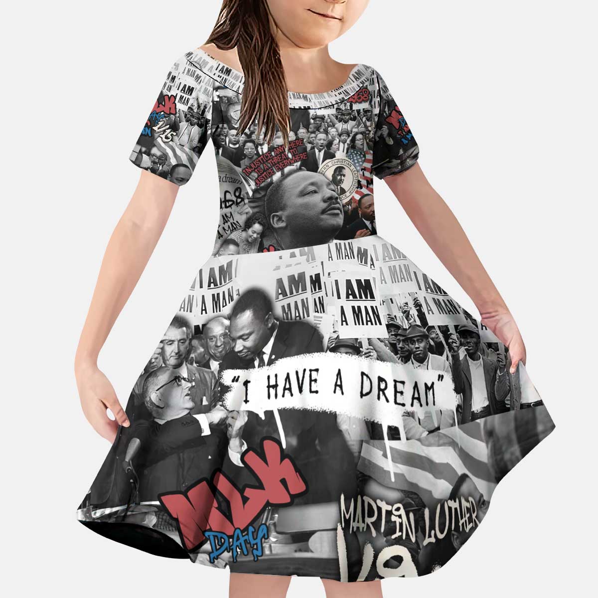 Martin Luther King Day Tribute Kid Short Sleeve Dress Civil Rights Collage and Classic American Street Graffiti Colors - Wonder Print Shop