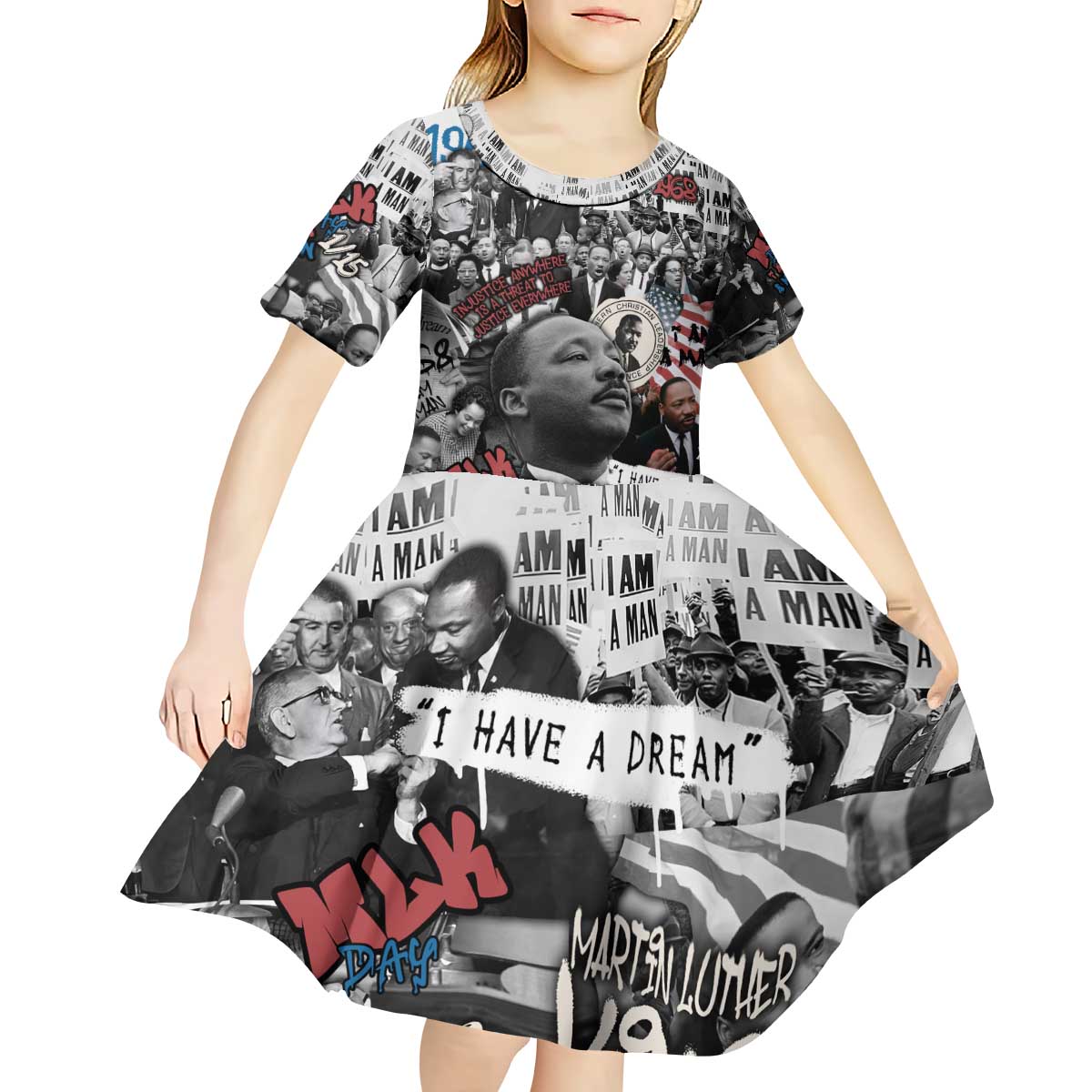 Martin Luther King Day Tribute Kid Short Sleeve Dress Civil Rights Collage and Classic American Street Graffiti Colors - Wonder Print Shop