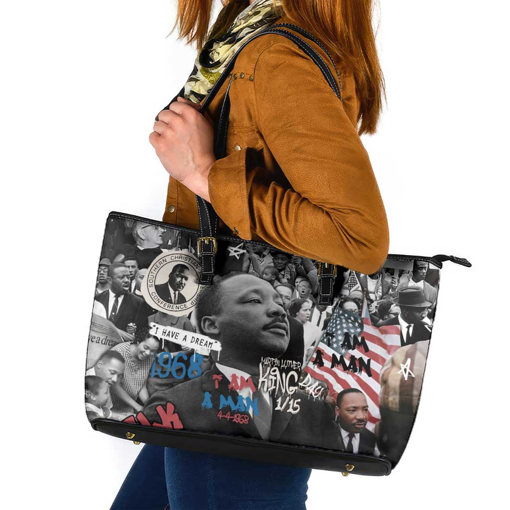 Martin Luther King Day Tribute Leather Tote Bag Civil Rights Collage and Classic American Street Graffiti Colors - Wonder Print Shop