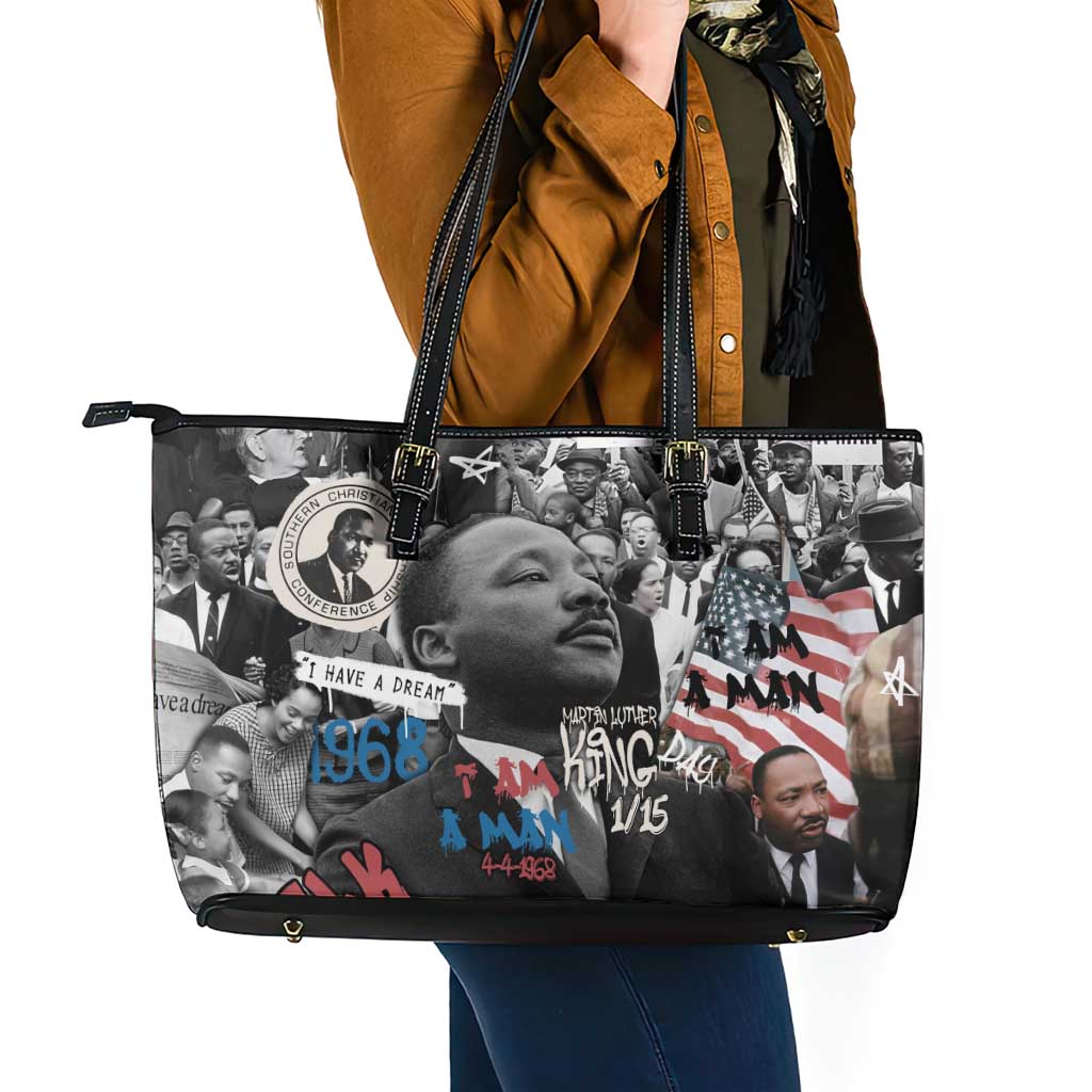 Martin Luther King Day Tribute Leather Tote Bag Civil Rights Collage and Classic American Street Graffiti Colors - Wonder Print Shop