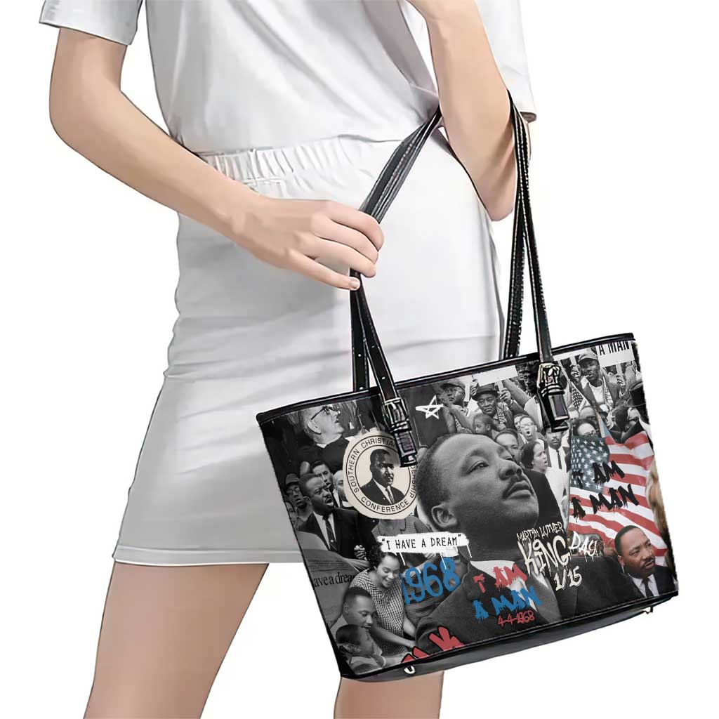 Martin Luther King Day Tribute Leather Tote Bag Civil Rights Collage and Classic American Street Graffiti Colors - Wonder Print Shop