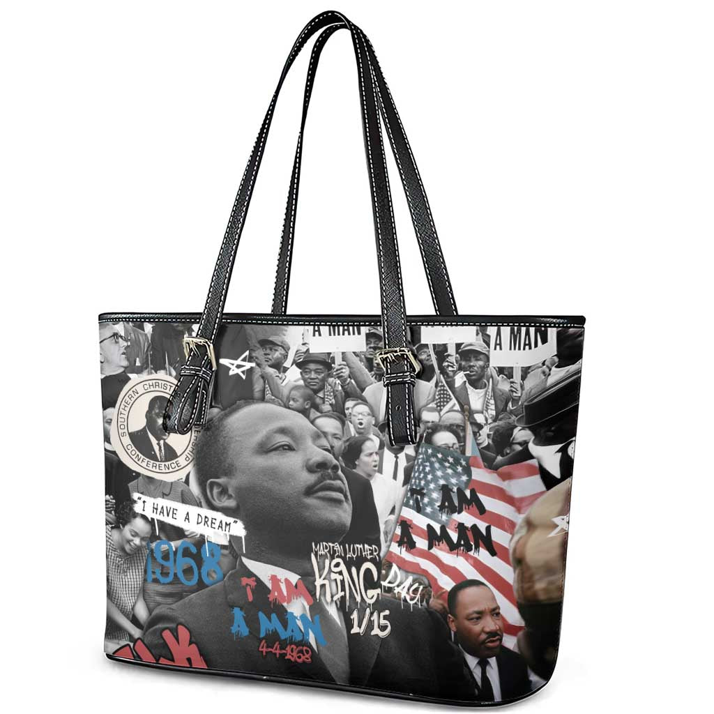 Martin Luther King Day Tribute Leather Tote Bag Civil Rights Collage and Classic American Street Graffiti Colors - Wonder Print Shop