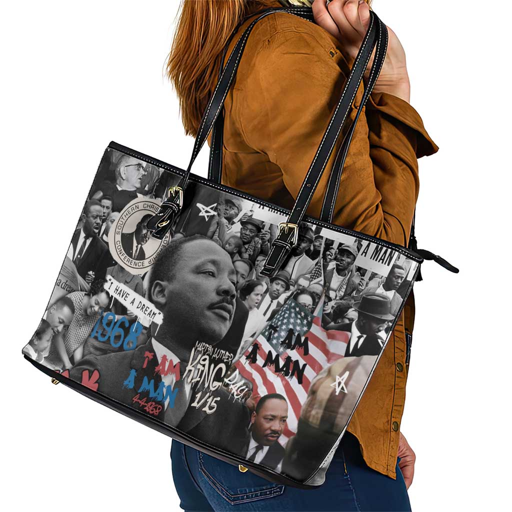 Martin Luther King Day Tribute Leather Tote Bag Civil Rights Collage and Classic American Street Graffiti Colors - Wonder Print Shop