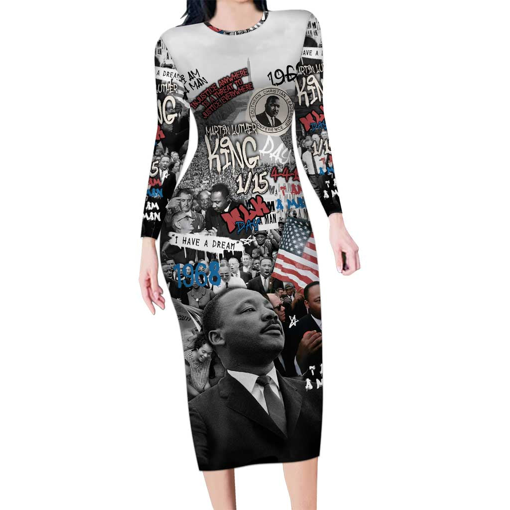 Martin Luther King Day Tribute Long Sleeve Bodycon Dress Civil Rights Collage and Classic American Street Graffiti Colors - Wonder Print Shop