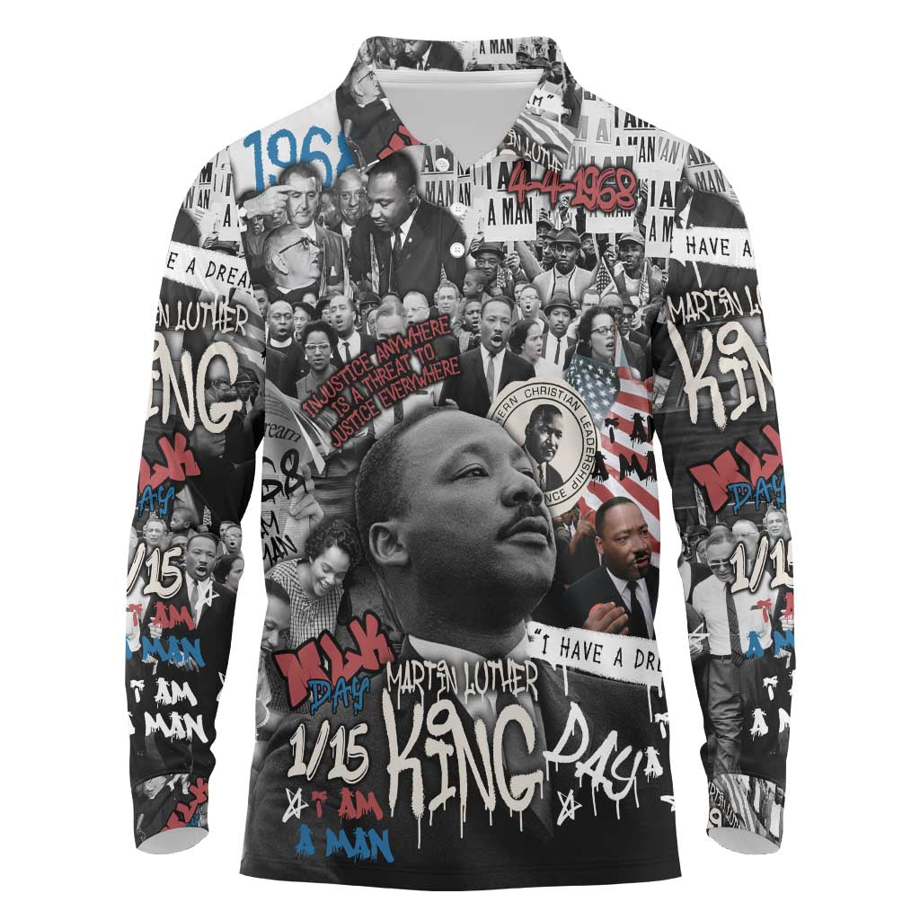 Martin Luther King Day Tribute Long Sleeve Polo Shirt Civil Rights Collage and Classic American Street Graffiti Colors - Wonder Print Shop