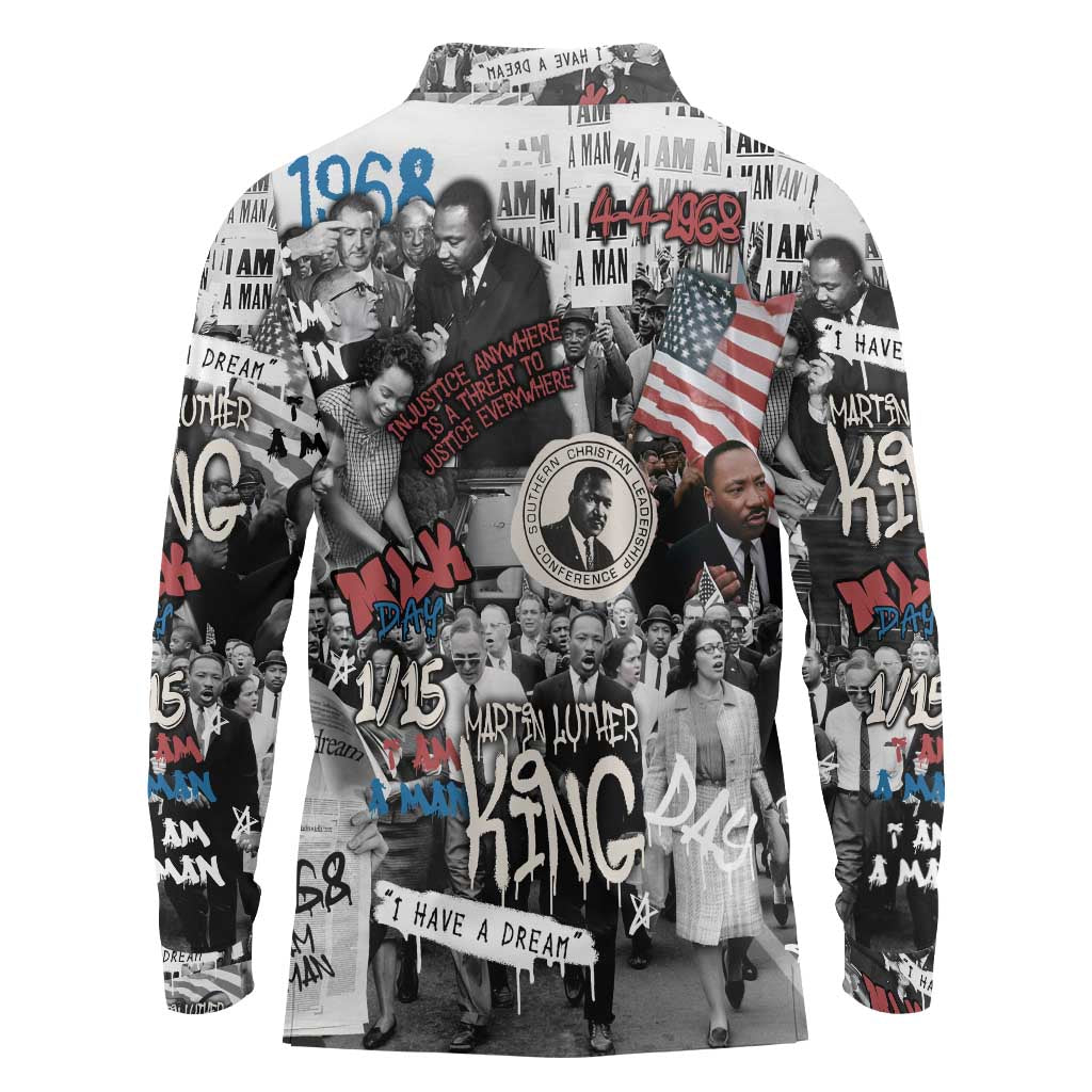 Martin Luther King Day Tribute Long Sleeve Polo Shirt Civil Rights Collage and Classic American Street Graffiti Colors - Wonder Print Shop