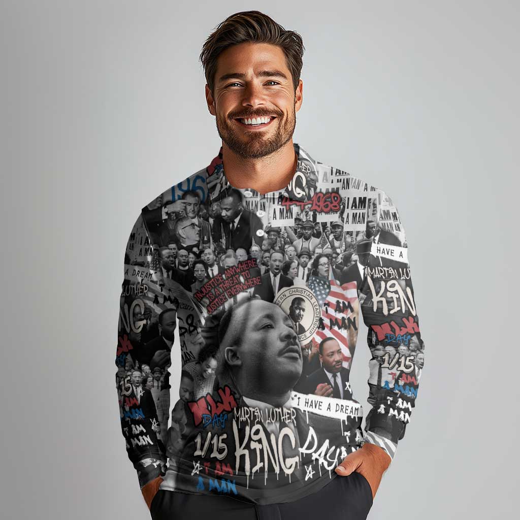 Martin Luther King Day Tribute Long Sleeve Polo Shirt Civil Rights Collage and Classic American Street Graffiti Colors - Wonder Print Shop
