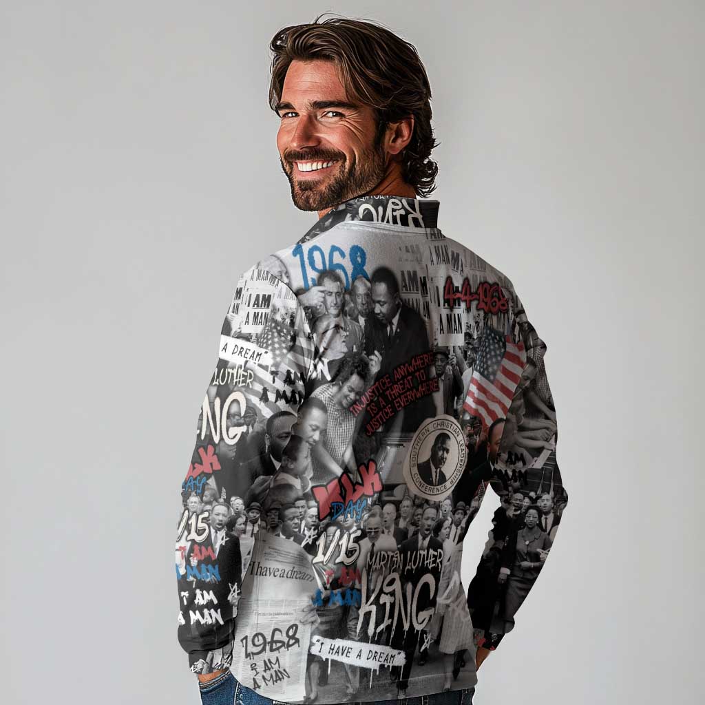 Martin Luther King Day Tribute Long Sleeve Polo Shirt Civil Rights Collage and Classic American Street Graffiti Colors - Wonder Print Shop