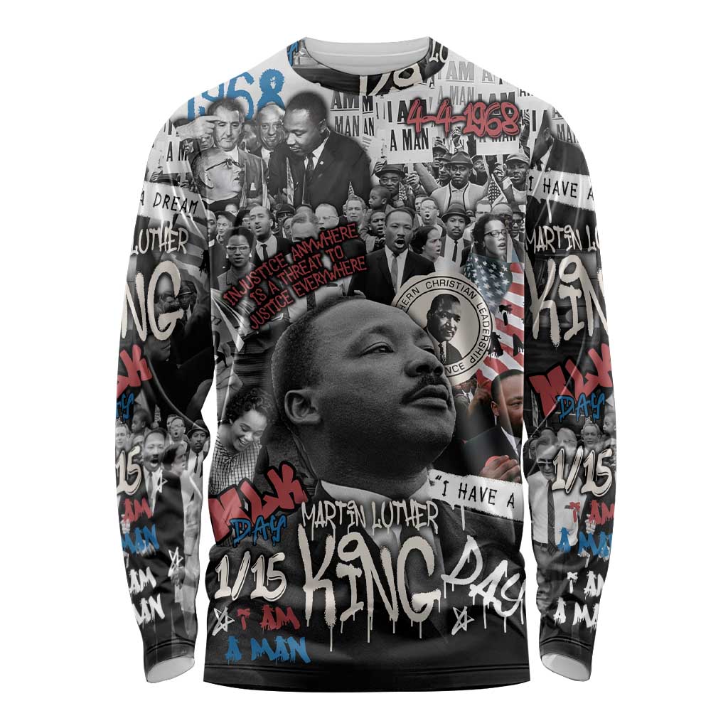 Martin Luther King Day Tribute Long Sleeve Shirt Civil Rights Collage and Classic American Street Graffiti Colors - Wonder Print Shop