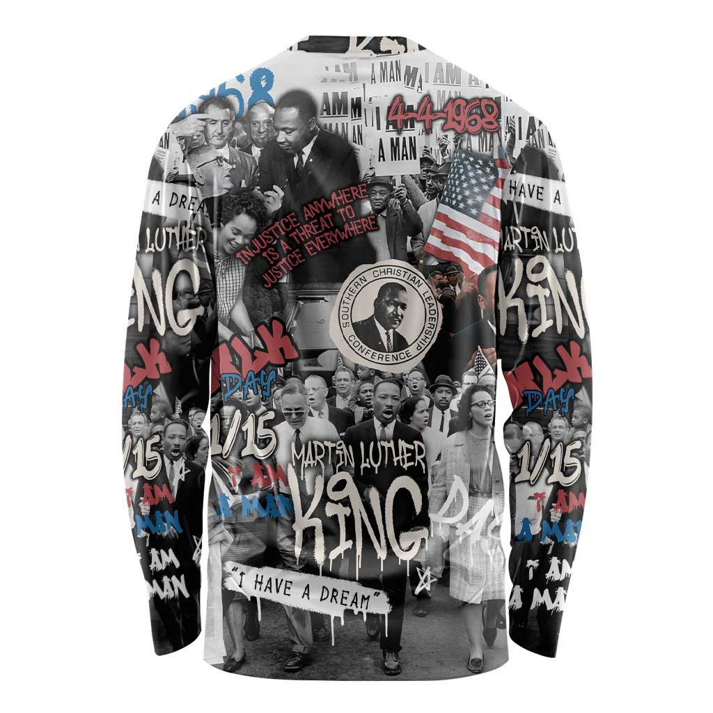 Martin Luther King Day Tribute Long Sleeve Shirt Civil Rights Collage and Classic American Street Graffiti Colors - Wonder Print Shop
