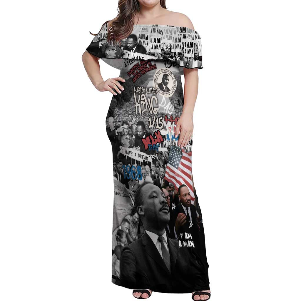 Martin Luther King Day Tribute Off Shoulder Maxi Dress Civil Rights Collage and Classic American Street Graffiti Colors - Wonder Print Shop