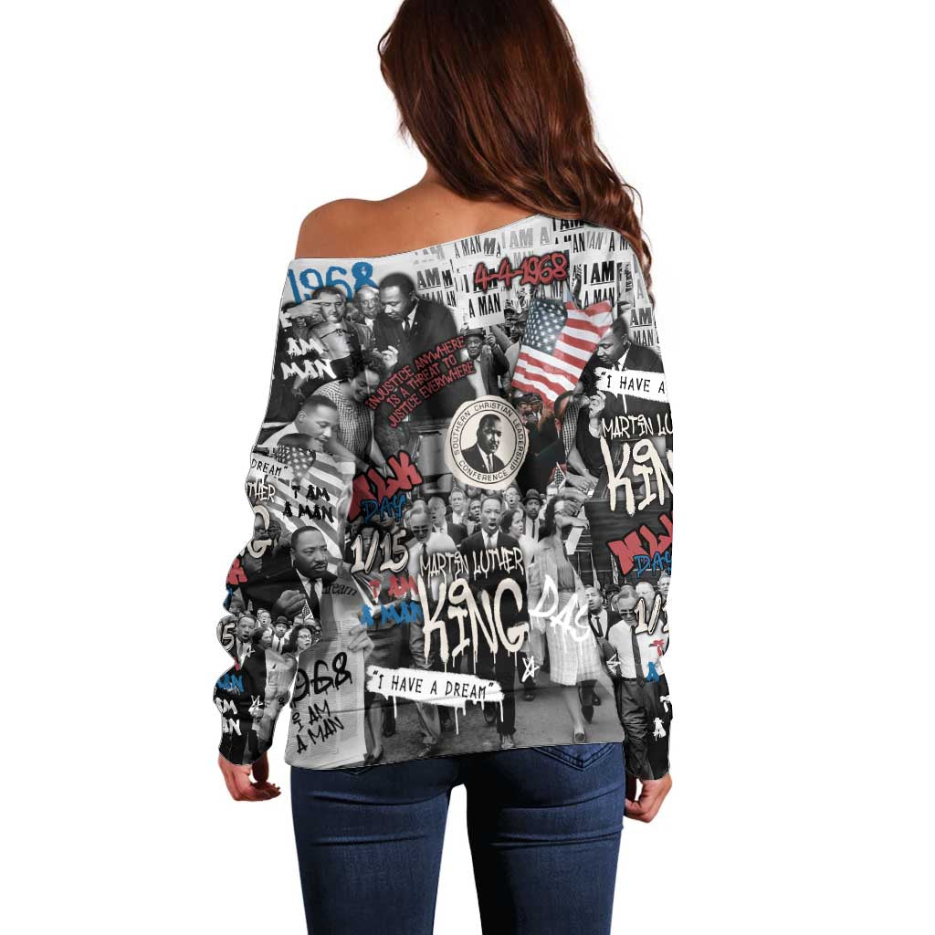 Martin Luther King Day Tribute Off Shoulder Sweater Civil Rights Collage and Classic American Street Graffiti Colors - Wonder Print Shop