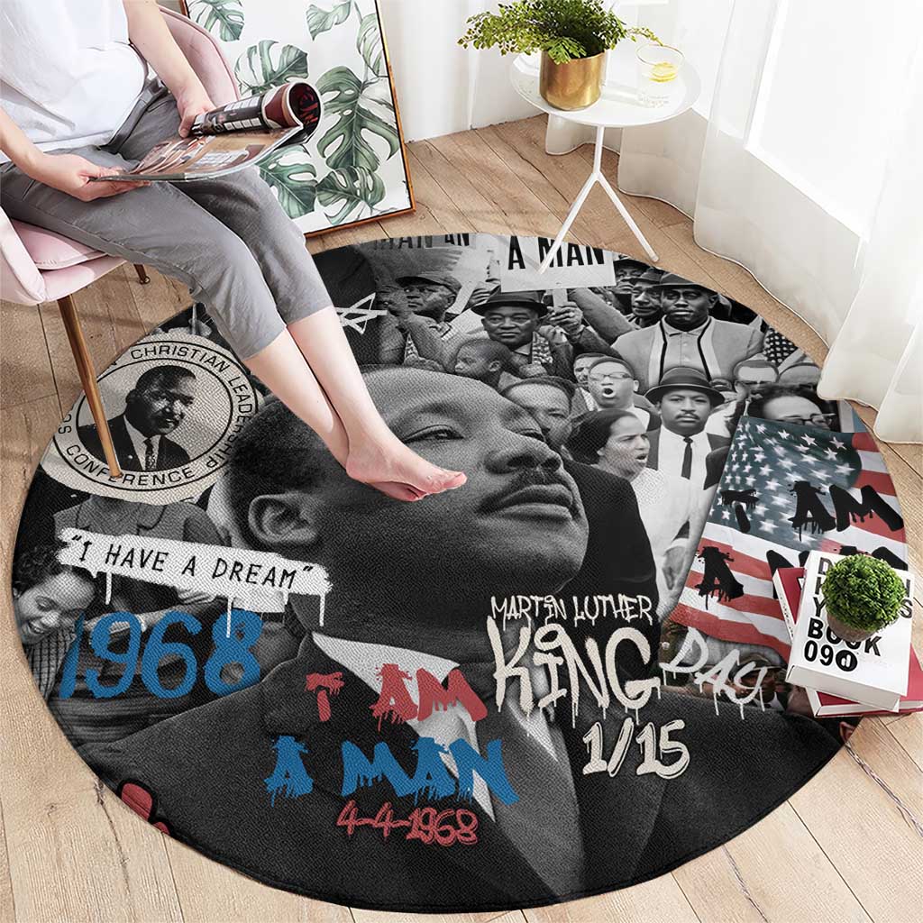 Martin Luther King Day Tribute Round Carpet Civil Rights Collage and Classic American Street Graffiti Colors - Wonder Print Shop