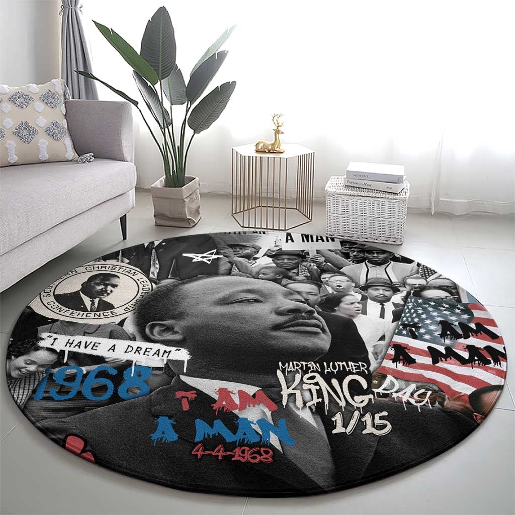 Martin Luther King Day Tribute Round Carpet Civil Rights Collage and Classic American Street Graffiti Colors - Wonder Print Shop