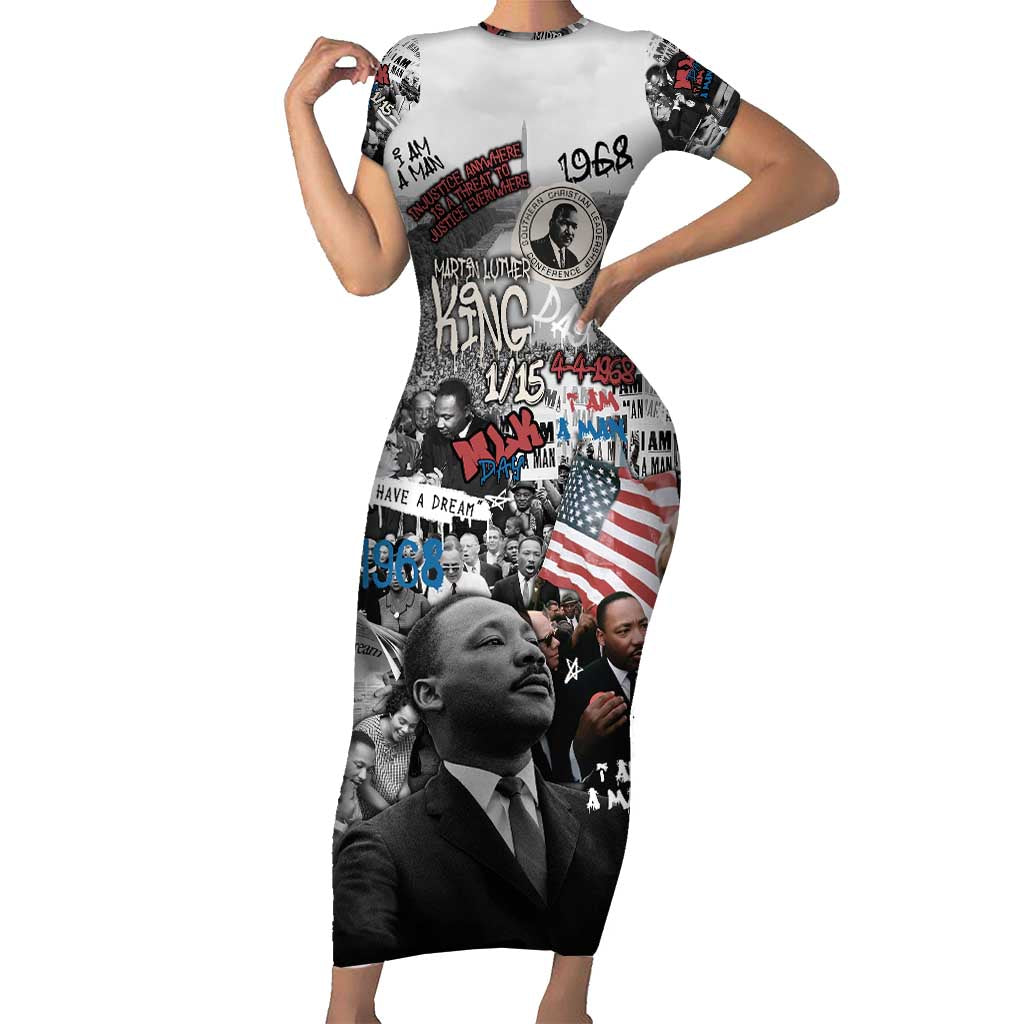Martin Luther King Day Tribute Short Sleeve Bodycon Dress Civil Rights Collage and Classic American Street Graffiti Colors - Wonder Print Shop